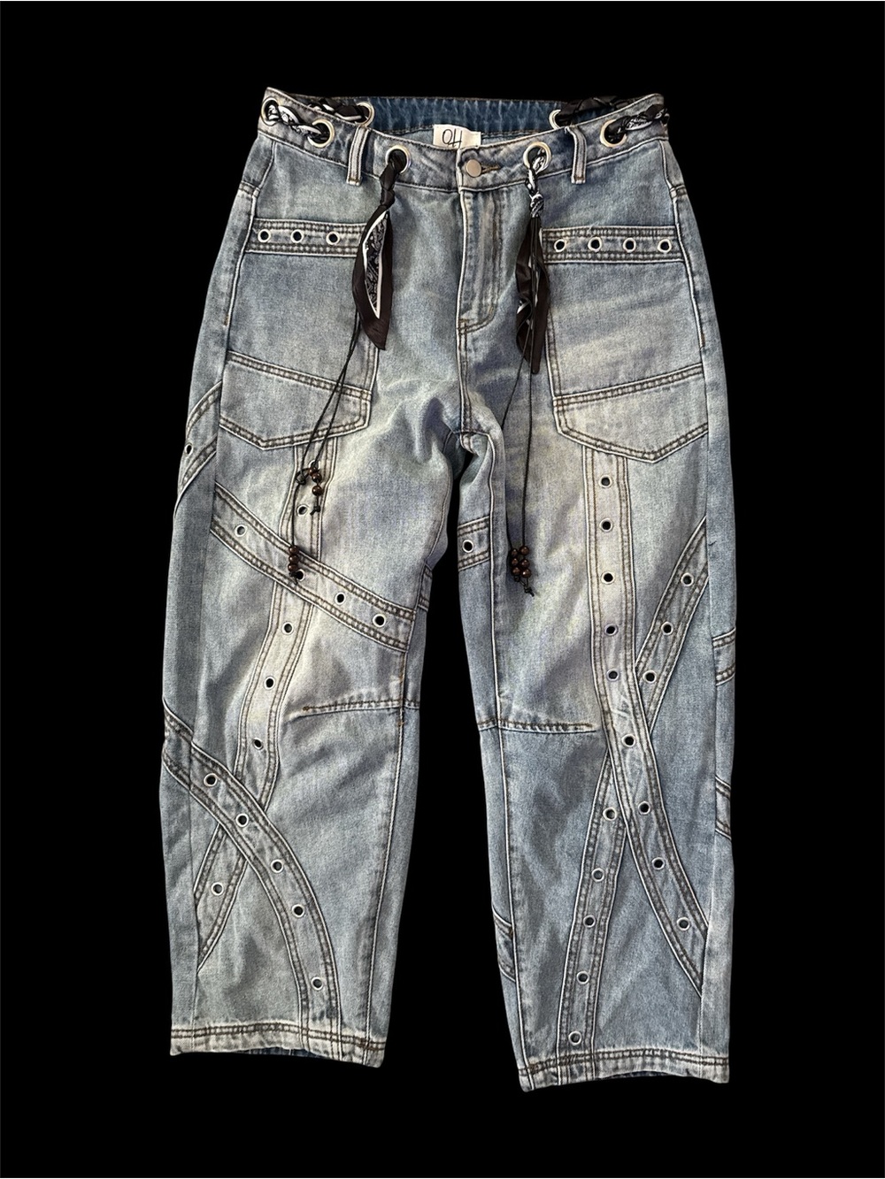 Oli & Hali Light Wash Distressed Accent Jeans with Open Grommet Detail